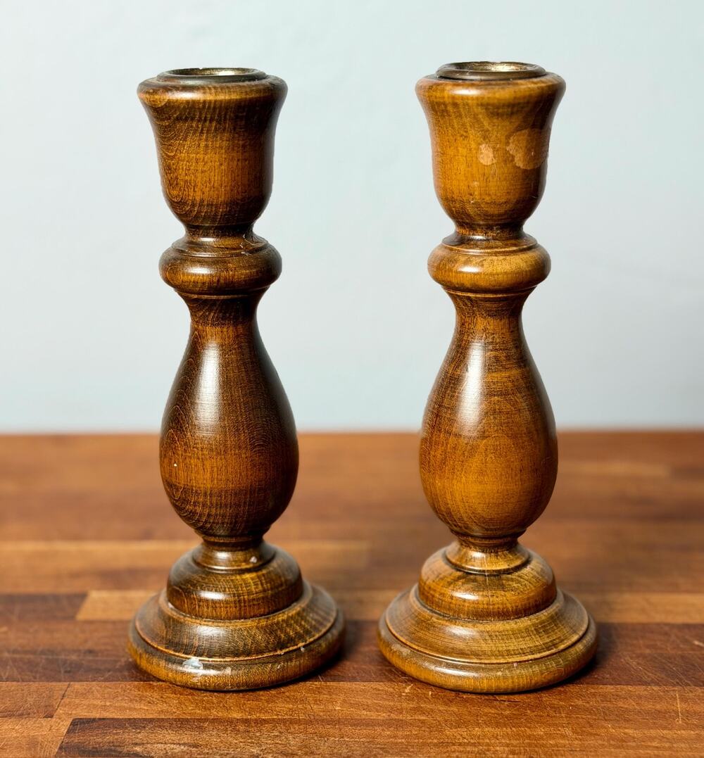 Vintage Turned Wood Candlestick Holders Pair | Brown Wooden Candle Holders